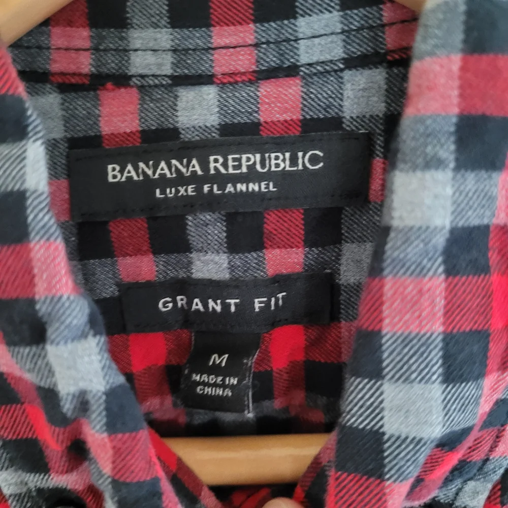 Banana Republic Red Black Gray Grant Fit Luxe Flannel Button-Down Shirt Size Med